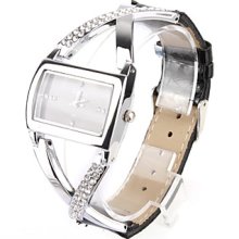 Leather Black PU Band Women's Quartz Wrist Watch with Crystal Decoration