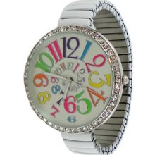 Limited Edition Ladies White Stretchy Metal Watch with Colorful Numbers - White - Gun Metal