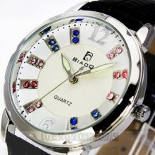 Luxury Clock Quartz Hours Analog Dial Leather Women Wrist Watch, W24-bk