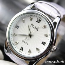 Luxury Quartz Clock Hours Analog Best Dial White Leather Wrist Watch C053w
