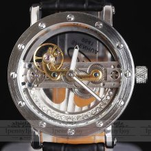 Luxury Skeleton Mens Auto Mechanical Black Leather Wrist Watch Analog Metal Case