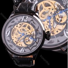 Men Black Dial Arabic Numerals Auto Skeleton Mechanical Blue Hand Wrist Watch