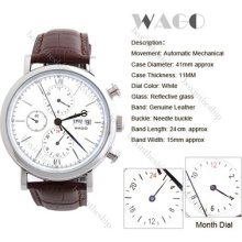 Men Browm Genuine Leather Hollow Date Auto Mechanical Silver Hand Wrist Watch