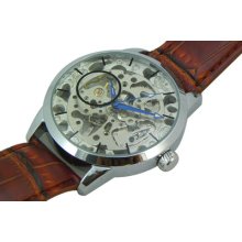 Men Manual Winding Full Skeleton Leather Strap Fashion Watch Brown Usa Seller