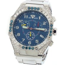 Mens Aqua Master Ss Band Blue Dial Octagon Chrono 4.5ct Blue Diamond Watch 106c