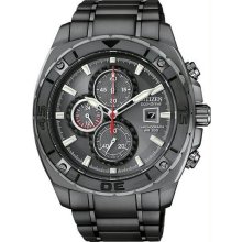 Men's Black Stainless Steel Eco-Drive Chronograph Carbon Fiber Dial Accents