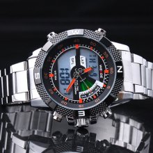 Mens Boys Stainless Steel Waterproof Orange Dial Sport Stop Digital Watch Ff