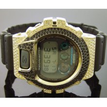 Men's Casio G Shock Cz White & Black Crystal Yellow Gold Case Watch