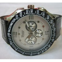 Mens Chronograph Geneva Watch -silvertone Oversized Dial, Black Leather Band