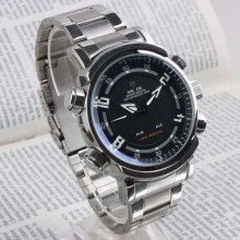 Mens Digital Analog Day&date Alarm Steel Band Wrist Watch