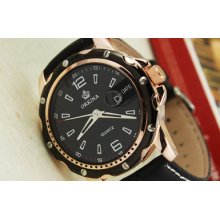 Mens Elegant Rose Gold Luxury Quartz Black W/date Wrist Watch Genuine Leather
