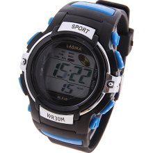 mens Lasika black ,blue & chrome digital watch w/alarm rubber band light