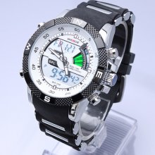 Mens Military Dual Time White Stainless Steel Case Sport Wrist Digital Watch