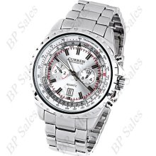 mens new Curren stainless steel quartz watch silver face w/chrome finish & date