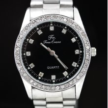 Men's Quartz Business Lady Wrist Watch Crystal Black Dial Stainless Steel Band