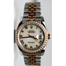 Men's Rolex Unused Steel and Gold Datejust HEAVY BAND 06 W/ Custom MOP Roman Dial w/ Custom Diamond Bezel - CLEARANCE!