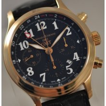 Mens Schwarz Etienne Automatic Gmt Chronograph Solid 18k Gold Leather Watch