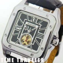 Mens Skeleton Auto Mechanical Leather Wrist Watch Skull