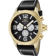 Men's Specialty Chronograph Black Dial 18K Gold Plated Case Black Genuine Leather