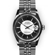 Mens Stainless Steel Black Tuxedo Stick Dial Fluted Rolex Datejust