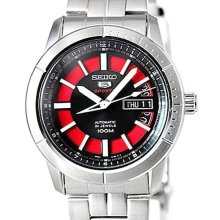 Men's Stainless Steel Case and Bracelet Red and Black Tone Dial Day and Date Dis