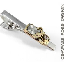 Men's Steampunk Tie Clip - Steampunk Wedding Accessory - Gold Mechanical Watch Movement Tie Clip - Silver