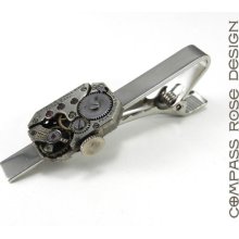 Men's Tie Bar Clip - Retro Vintage Wedding Accessory - Mechanical Watch Movement Steampunk Tie Clip - Silver