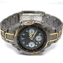 Mens Two Tone Stainless Steel Round Black Glow In Dark Dial Day Date Watch