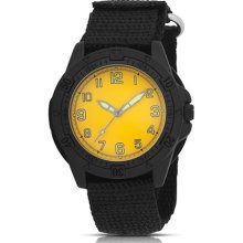 Men's Watch Black IP Metal Case Yellow Dial Luminous Hands Black Fabric Strap