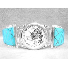 Mens Watch Turquoise Dressy Elegant Navajo Sterling Silver Inlay Native American