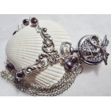 Mermaid pocket watch pendant, pendant in silver with purple freshwater pearls
