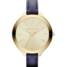 Michael Kors 'Slim Runway' Leather Strap Watch, 42mm Navy/ Gold