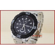 Military Fashion Silver Stainless Steel Black Dial Mens Quartz Wrist Watch