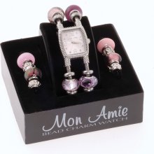 Mon Amie Womens Rectangle Double Pink Bead Stainless Watch - Silver Stretch Band - Pink Dial - 28413