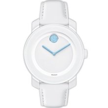 Movado 'Bold' Crystal Dot Leather Strap Watch, 36mm White/ Light Blue