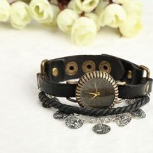 Multi Antique Real Calf Leather Jewelry Wrist Cuff Bracelet Ring Watch Jw6057