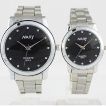 Nary Stainless Steel Band Quartz Movement Watch Couples Wrist Watch Black Dial