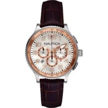 Nautica Men's OCN 38, Silver & Rose Gold Dial, Brown Leather Strap A22599M Watch