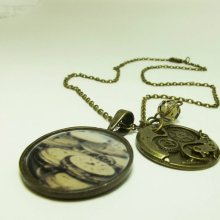 Necklace, Pocket Watch, Cogs, Gears Motif, Steampunk, Antique Bronze, Swarovski Crystal