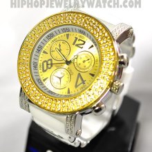 NEW HIP HOP ICED OUT WAKA WATCH GOLD FACE w WHITE BAND