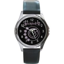 NEW* HOT BLINK 182 Round Metal Watch Leather Band - Silver - Stainless Steel