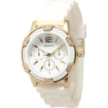 NEW White/Gold Geneva Silicone Rubber Chronograph Designer Watch with Crystals - Adjustable - Gold Tone - White