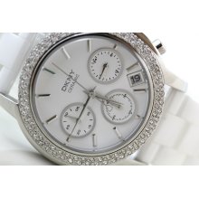 NY8532 DKNY women watch white ceramic 38mm silver-tone chronograph date crystals