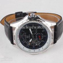 One Pcs Men Black Dial Leather Band Silvery Case Automatic Mechanica
