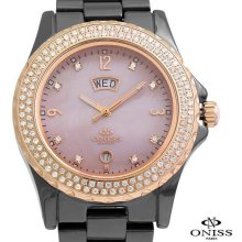 ONISS Ceramic Swiss Movement Watch with Austrians Crystals and Day/Date - Rose - 7.5 - Stainless Steel