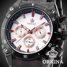 Orkina White Dial 6 Hands 24 Hours Stainless Steel Men Quartz Sport Wrist Watch