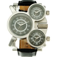 Oulm Military Army Cool 3 Time Zones Movements Quartz Watch Leather Sport Mens