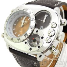 Oulm Military Army Dual Time Zone Movements Dial Quartz Watch Leather Sport Mens