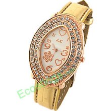 Oval Golden Watch Case Buff Leather Watchband Ladies' Wrist Watch