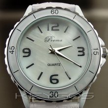 Oyster Fashion Elegant Quartz Hours Dial White Leather Women Wrist Watch Wv075